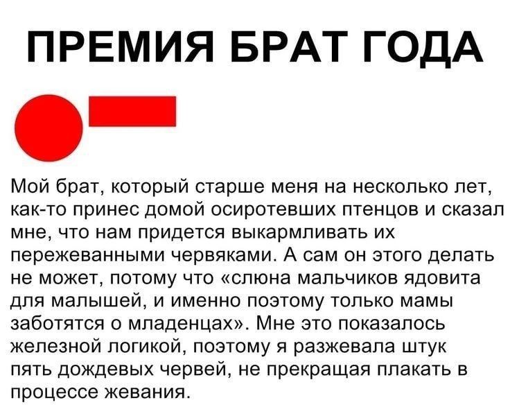 ПРЕМИЯ БРАТ ГОДА
Мой брат, который старше меня на несколько лет, как-то принёс дом осиротившихся птиц и сказал мне, что нам придётся выкармливать их пережеванными червями. А сам он этого делать не может, потому что ____ является ядовита для малышей. Мне это показалось железной логикой, поэтому я разжёвал штуку пять дождевых червей, не прекращая плакать в процессе лёжания.