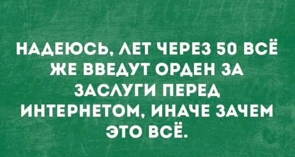Надеюсь, лет через 50 всё же введут орден за заслуги перед интернетом, иначе зачем это всё.