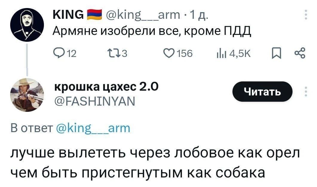 KING 🇦🇲 @king___arm · 1 д. Армяне изобрели все, кроме ПДД крошка цахес 2.0 @FASHINYAN В ответ @king___arm лучше вылететь через лобовое как орел чем быть пристегнутым как собака