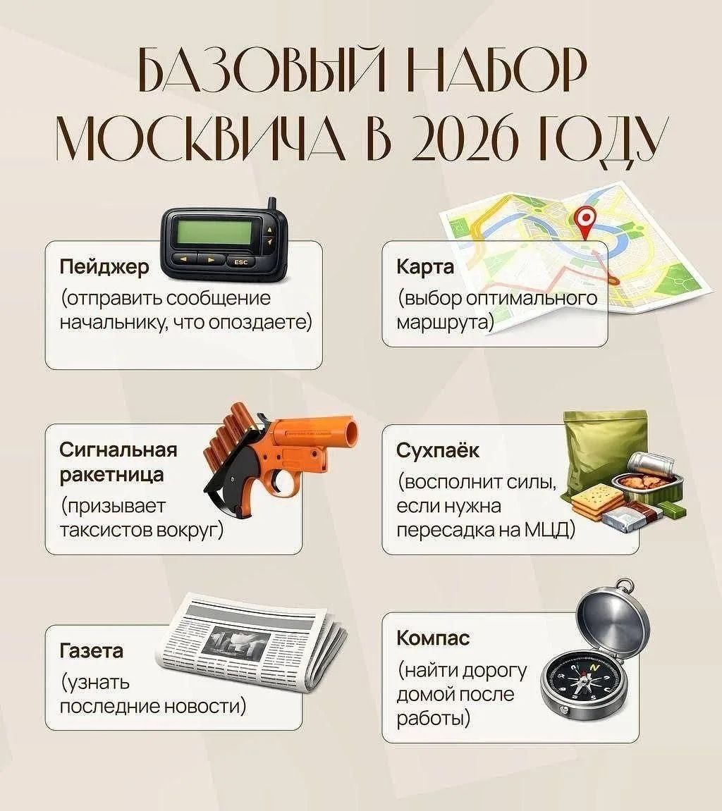 БАЗОВЫЙ НАБОР МОСКВИЧА В 2026 ГОДУ Пейджер (отправить сообщение начальнику, что опаздываете) Карта (выбор оптимального маршрута) Сигнальная ракетница (призывает таксистов вокруг) Сухпаёк (восполнит силы, если нужна пересадка на МЦД) Газета (узнать последние новости) Компас (найти дорогу домой после работы)