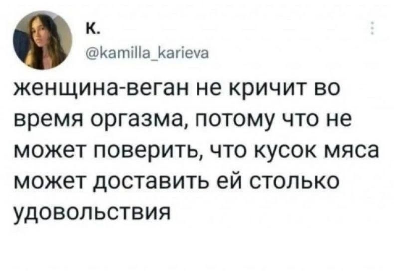 К. @kamilla_karieva женщина-веган не кричит во время оргазма, потому что не может поверить, что кусок мяса может доставить ей столько удовольствия