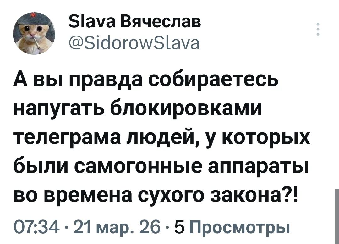 Slava Вячеслав @SidorowSlava А вы правда собираетесь напугать блокировками телеграма людей, у которых были самогонные аппараты во времена сухого закона?! 07:34 · 21 мар. 26 · 5 Просмотры