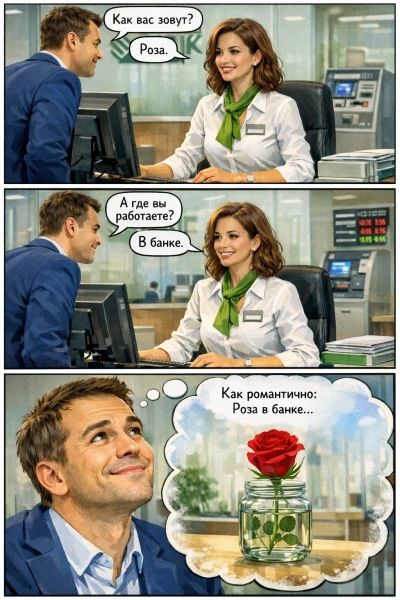 Как вас зовут? Роза. А где вы работаете? В банке. Как романтично: Роза в банке...