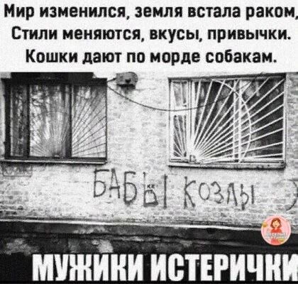 Мир изменился, земля встала раком, Стили меняются, вкусы, привычки. Кошки дают по морде собакам. БАБЫ КОЗЛЫ МУЖИКИ ИСТЕРИЧКИ