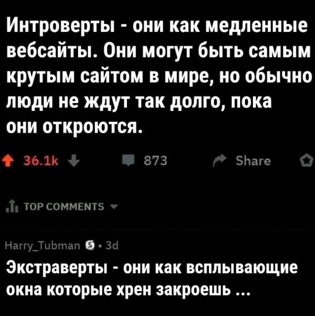 Интроверты - они как медленные вебсайты. Они могут быть самым крутым сайтом в мире, но обычно люди не ждут так долго, пока они откроются. Экстраверты - они как всплывающие окна которые хрен закроешь ...
