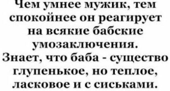Чем умнее мужик, тем спокойнее он реагирует на всякие бабские умозаключения. Знает, что баба - существо глупенькое, но теплое, ласковое и с сиськами.