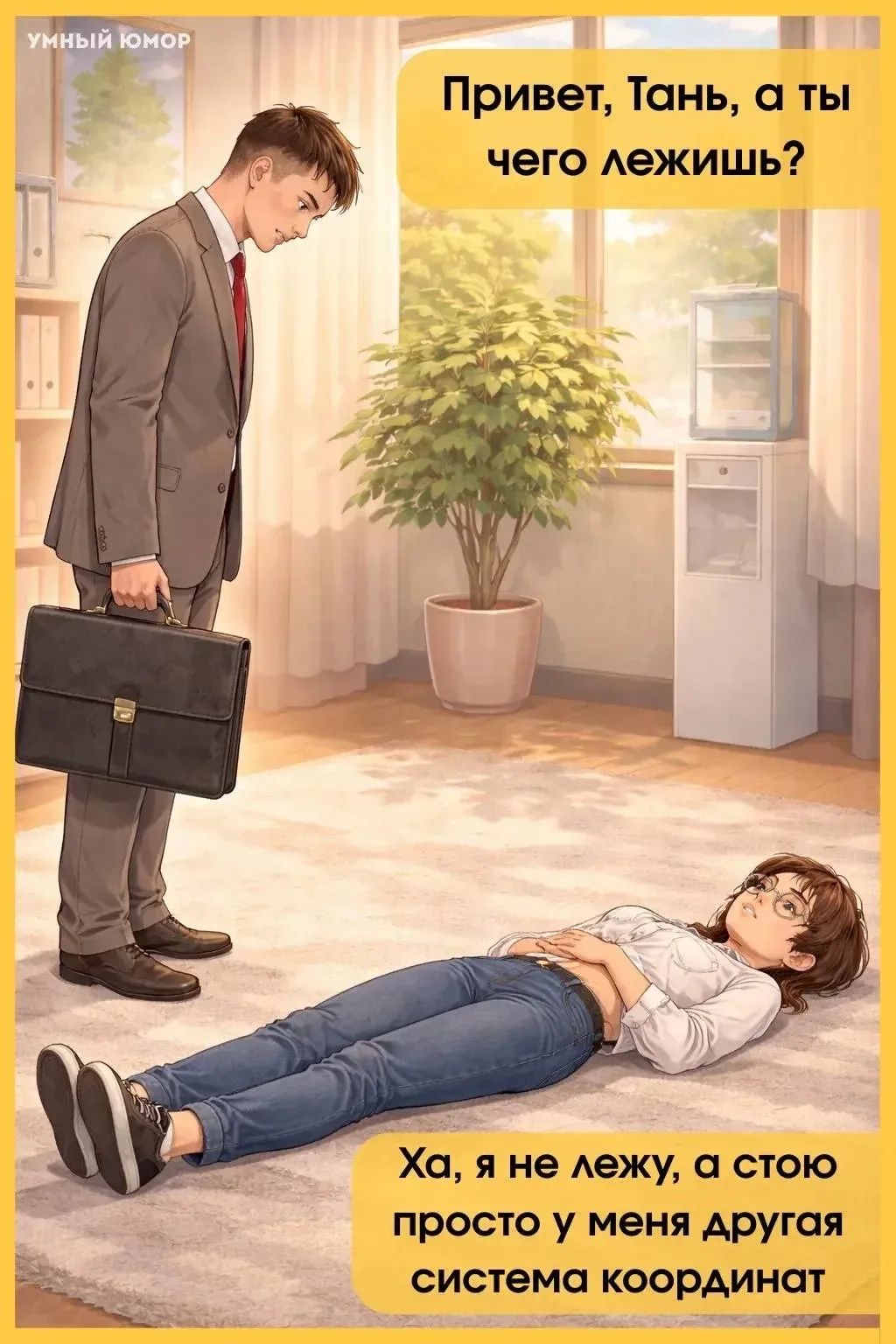 УМНЫЙ ЮМОР Привет, Тань, а ты чего лежишь? Ха, я не лежу, а стою просто у меня другая система координат