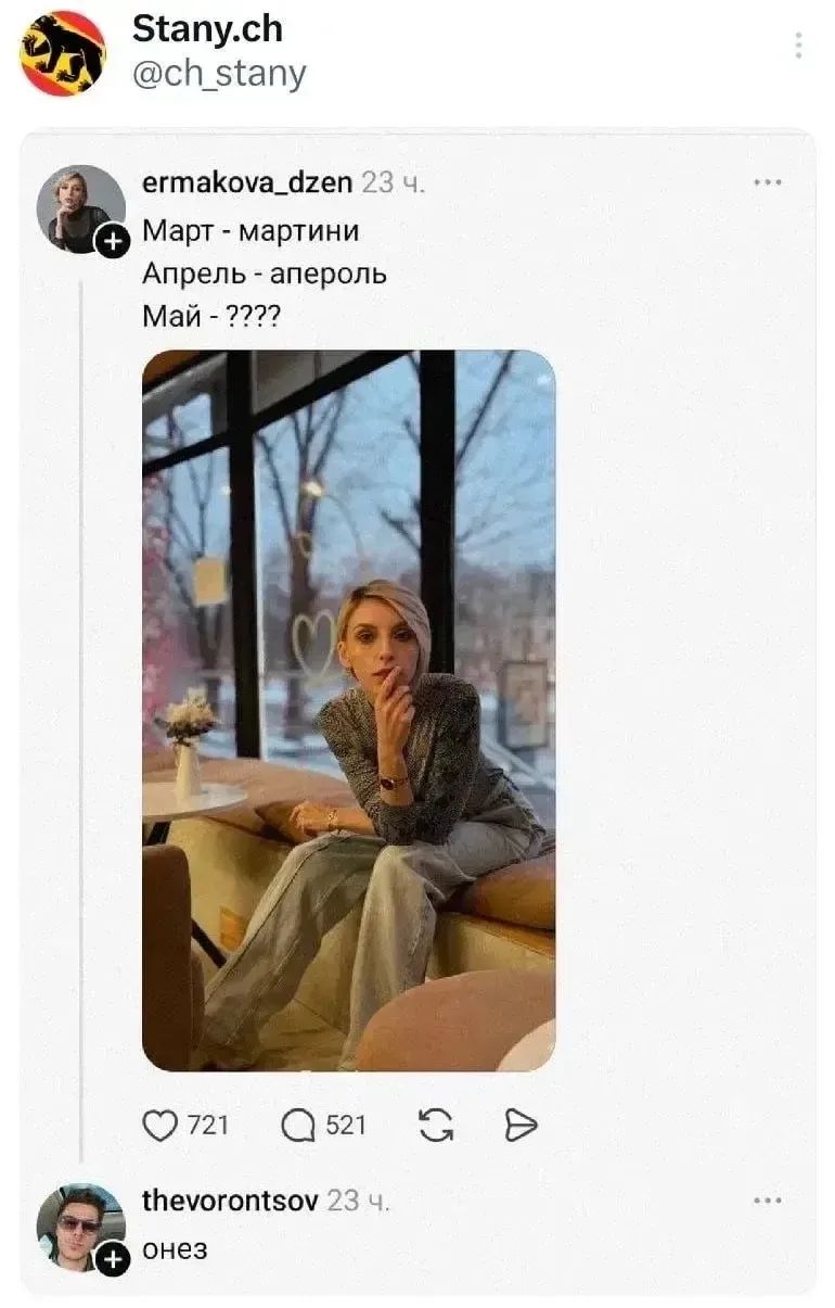 Март - мартини Апрель - апероль Май - ???? онез