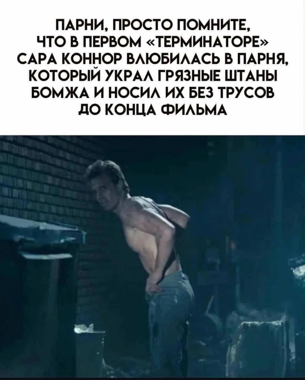 ПАРНИ, ПРОСТО ПОМНИТЕ, ЧТО В ПЕРВОМ «ТЕРМИНАТОРЕ» САРА КОННОР ВЛЮБИЛАСЬ В ПАРНЯ, КОТОРЫЙ УКРАЛ ГРЯЗНЫЕ ШТАНЫ БОМЖА И НОСИЛ ИХ БЕЗ ТРУСОВ ДО КОНЦА ФИЛЬМА