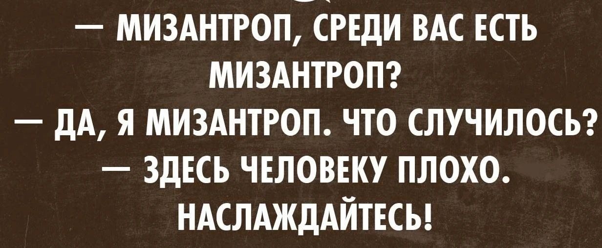 — Мизантроп, среди вас есть мизантроп? — Да, я мизантроп. Что случилось? — Здесь человеку плохо. Наслаждайтесь!