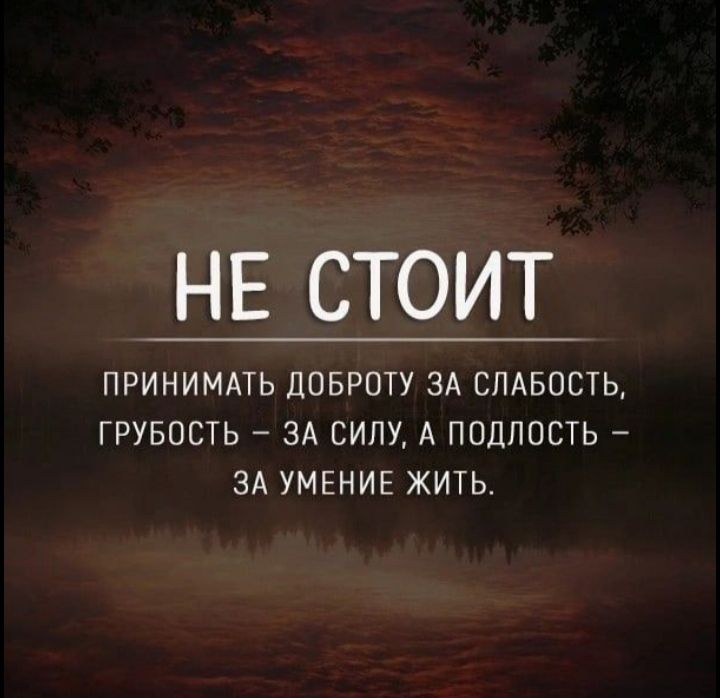 НЕ СТОИТ ПРИНИМАТЬ ДОБРОТУ ЗА СЛАБОСТЬ ГРУБОСТЬ ЗА СИЛУ А ПОДЛОСТЬ ЗА УМЕНИЕ ЖИТЬ