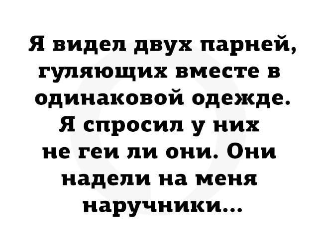 Я видел двух парней гуляющих вместе в одинаковой одежде Я спросил у них не геи ли они Они надели на меня наручники