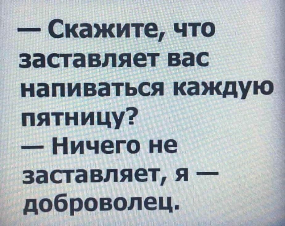 Скажите что заставляет вас напиваться каждую пятницу Ничего не заставляет я доброволец