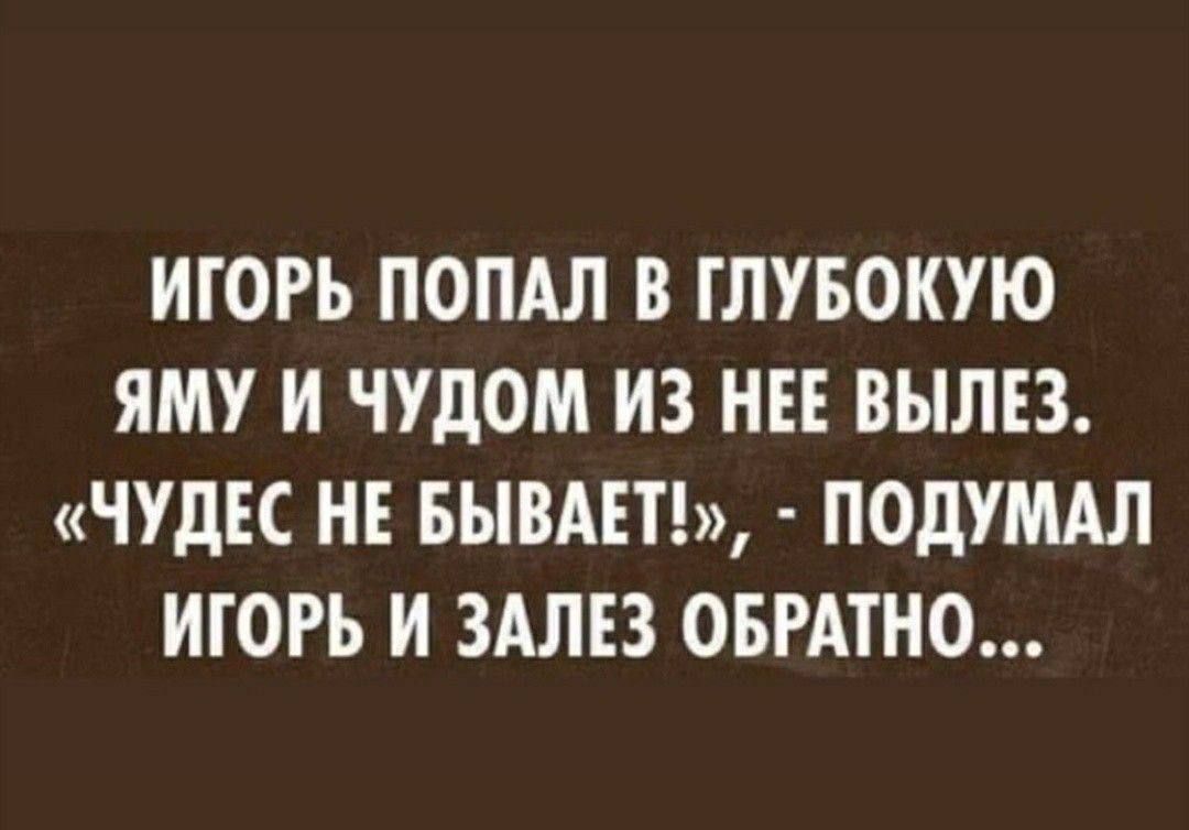 ИГОРЬ ПОПАЛ В ГЛУБОКУЮ ЯМУ И ЧУДОМ ИЗ НЕЕ ВЫЛЕЗ ЧУдЕС НЕ БЫВАЕТ ПОдУМАЛ ИГОРЬ И ЗАЛЕЗ ОБРАТНО