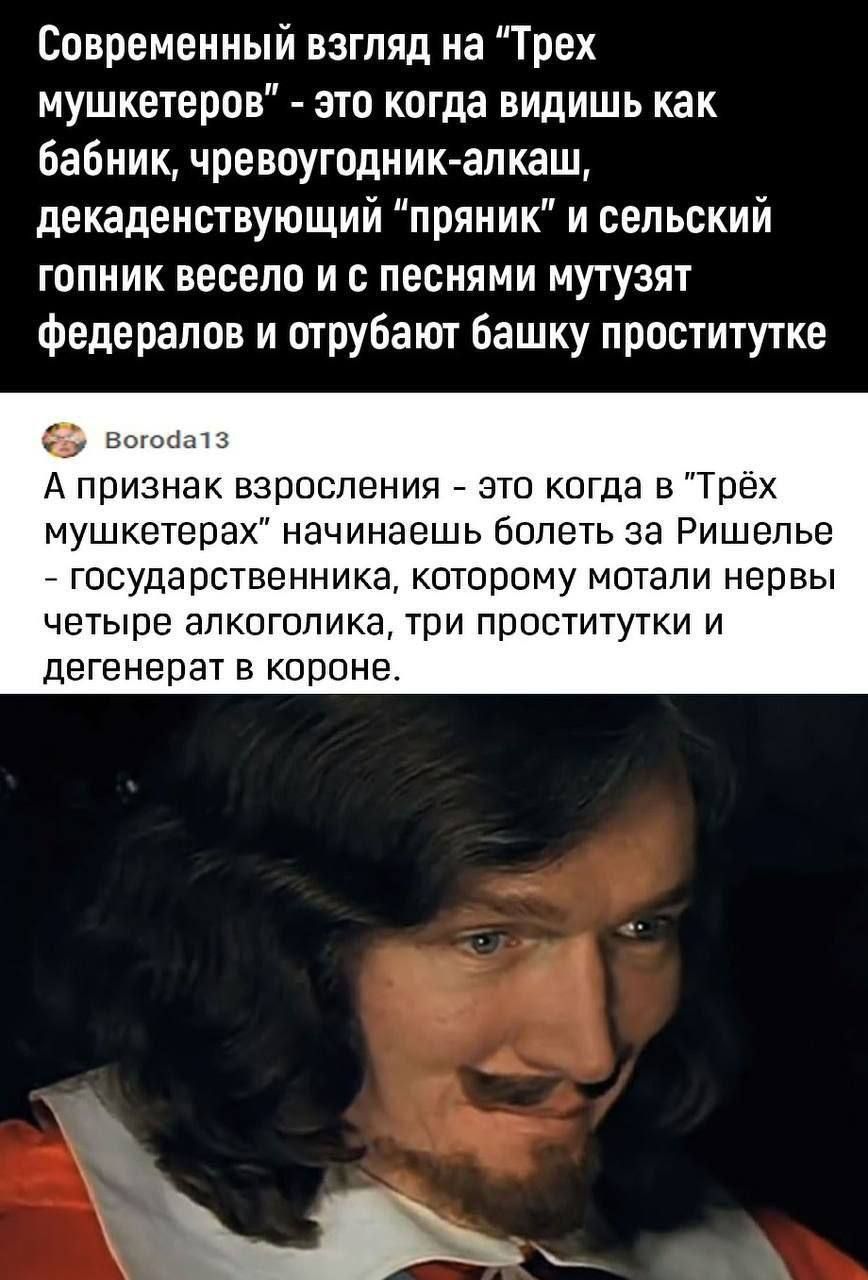 Современный взгляд на Трех мушкетеров это когда видишь как бабник чревоугодник алкаш декаденствующий пряник и сельский гопник весело и с песнями мутузят федералов и отрубают башку проститутке А признак взросления это когда в Трех мушкетерах начинаешь болеть за Ришелье _ государственника которому метали нервы четыре алкоголика три проститутки и дегенерат в короне