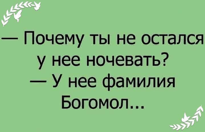 Почему ты не остался у нее ночевать У нее фамилия Богомол