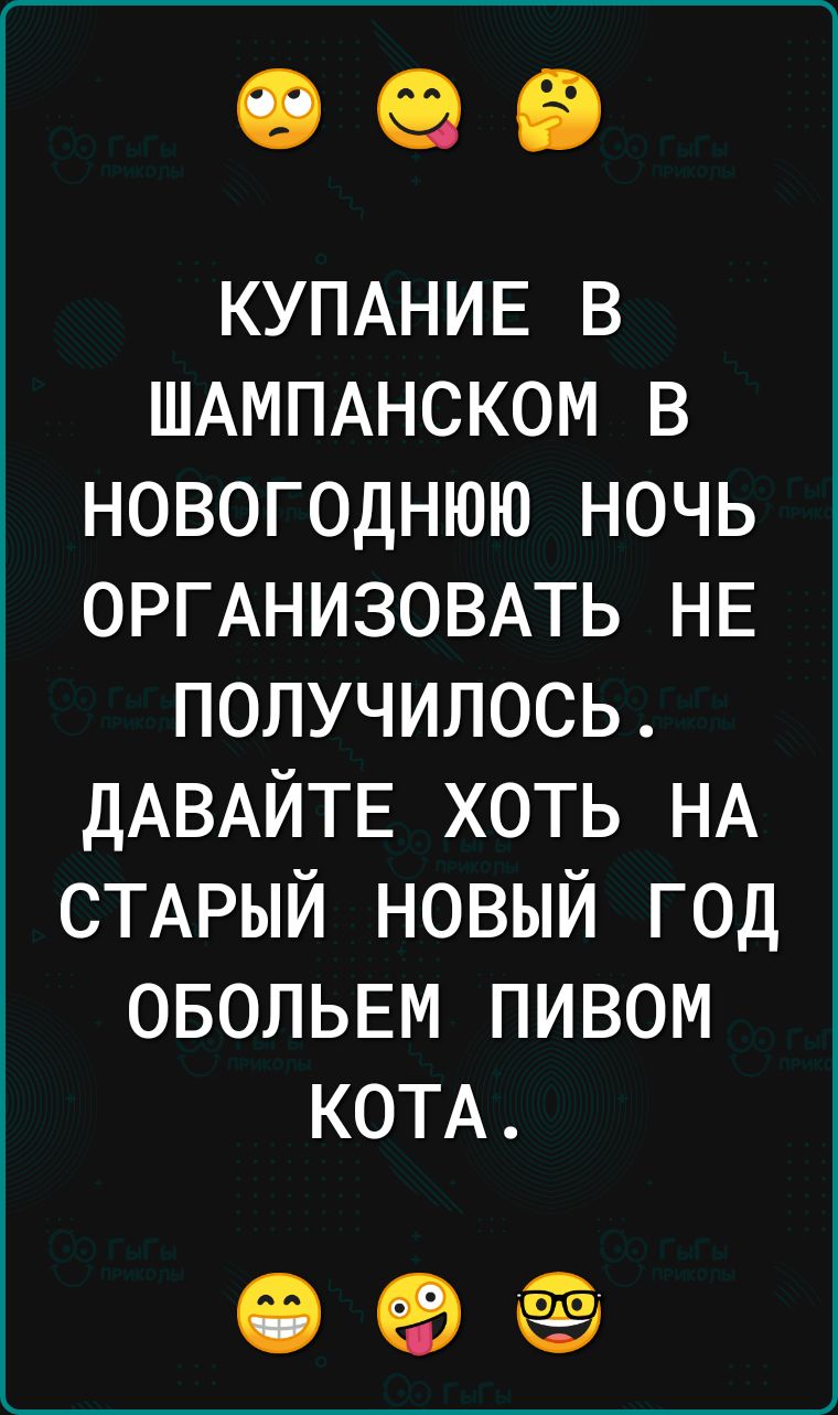 КУПАНИЕ в ШАМПАНСКОМ в новогоднюю ночь ОРГАНИЗОВАТЬ НЕ получилось ДАВАЙТЕ хоть НА СТАРЫЙ новый год ОБОЛЬЕМ пивом КОТА