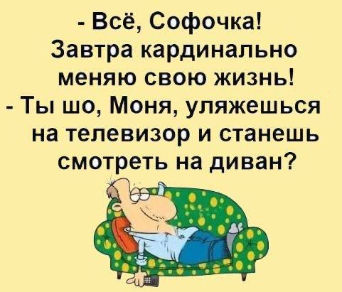 Всё Софочка Завтра кардинально меняю свою жизнь Ты шо Моня уляжешься на телевизор и станешь смотреть на диван і