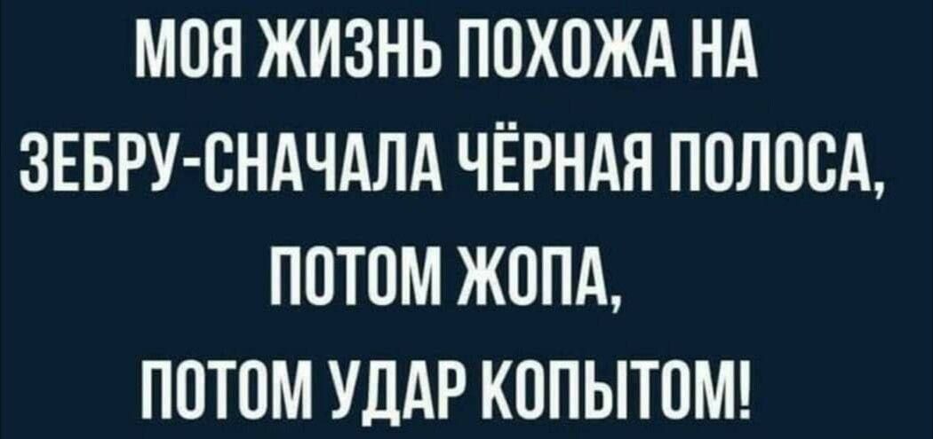 МОН ЖИЗНЬ ПЦХОЖА НА ЗЕБРУ СНАЧАЛА ЧЁРНАЯ ПВЛПСА ППТПМ ЖОПА ПВТОМ УДАР КППЫТПМ