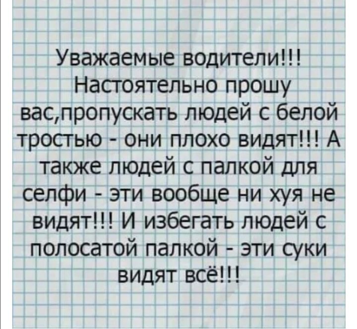 Уважаемые водители Настоятельно прошу васпропускать людей с белой тростью они плохо видят А также людей с папкой для сепфи эти вообще ни хуя не видят И избегать людей с полосатой палкой эти суки видят всё