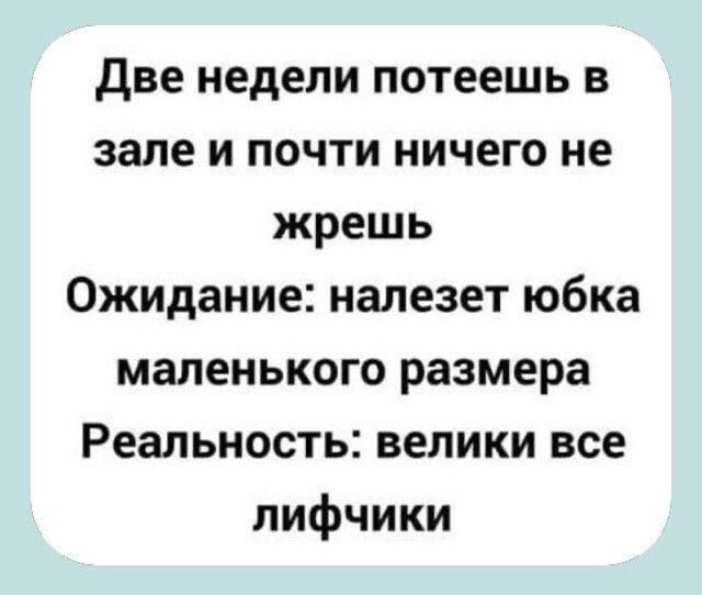 две недели потеешь в зале и почти ничего не жрешь Ожидание налезет юбка маленького размера Реальность велики все лифчики
