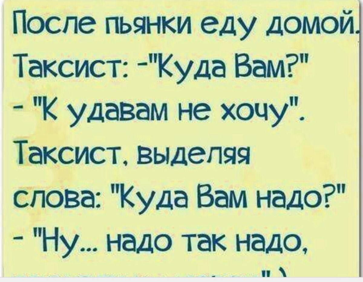 После пьянки еду домой Таксист Куда Вам удавам не хочу Таксист выделяя спова Куда Вам надо Ну надо так надо