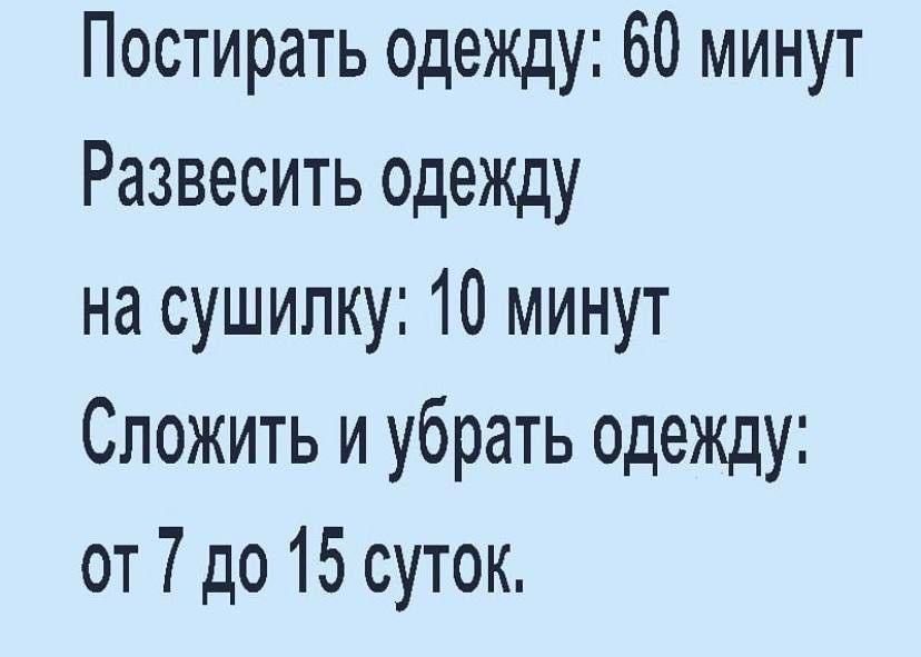 Постирать одежду 60 минут Развесить одежду на сушипку 10 минут Сложить и убрать одежду от 7 до 15 суток