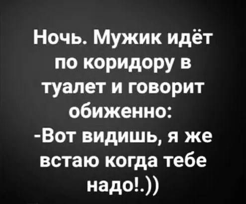 Ночь Мужик идёт покюридорув туалет и говорит обиженно Вот видишь я же встаю когда тебе надо