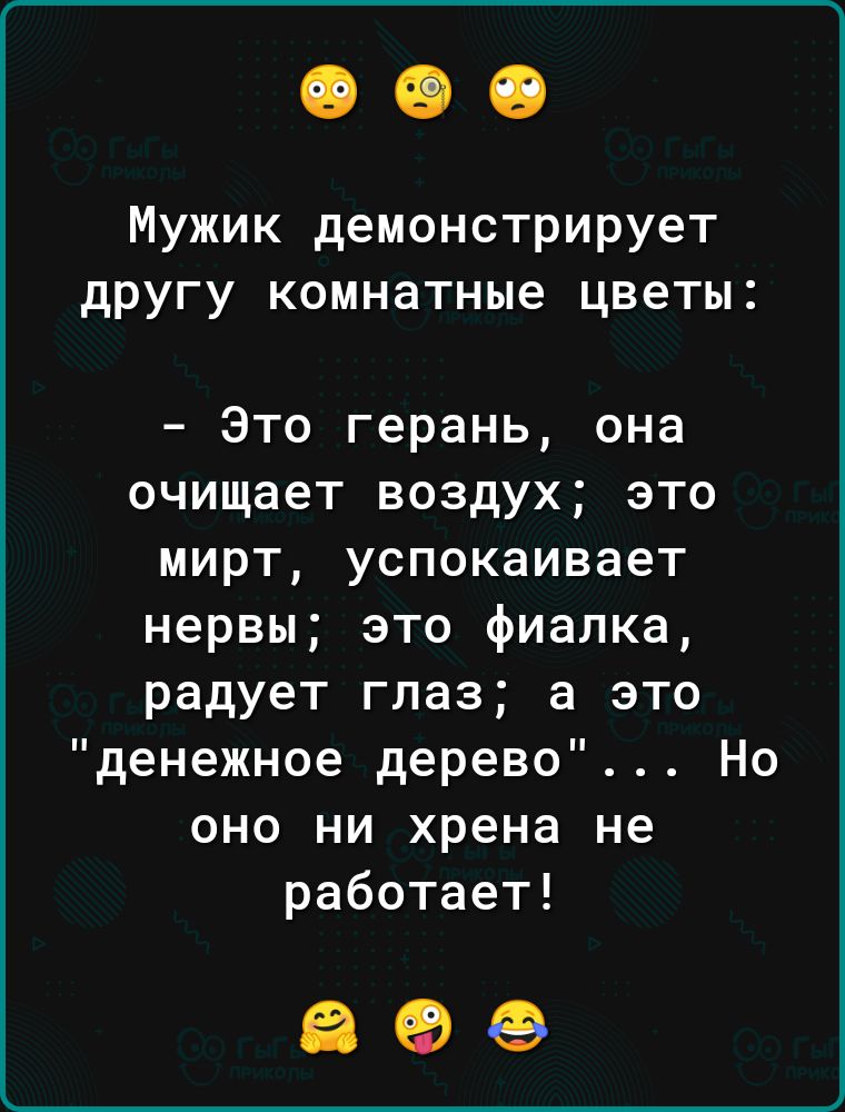 Мужик демонстрирует другу комнатные цветы Это герань она очищает воздух это мирт успокаивает нервы это фиалка радует глаз а это денежное дерево Но оно ни хрена не работает 895