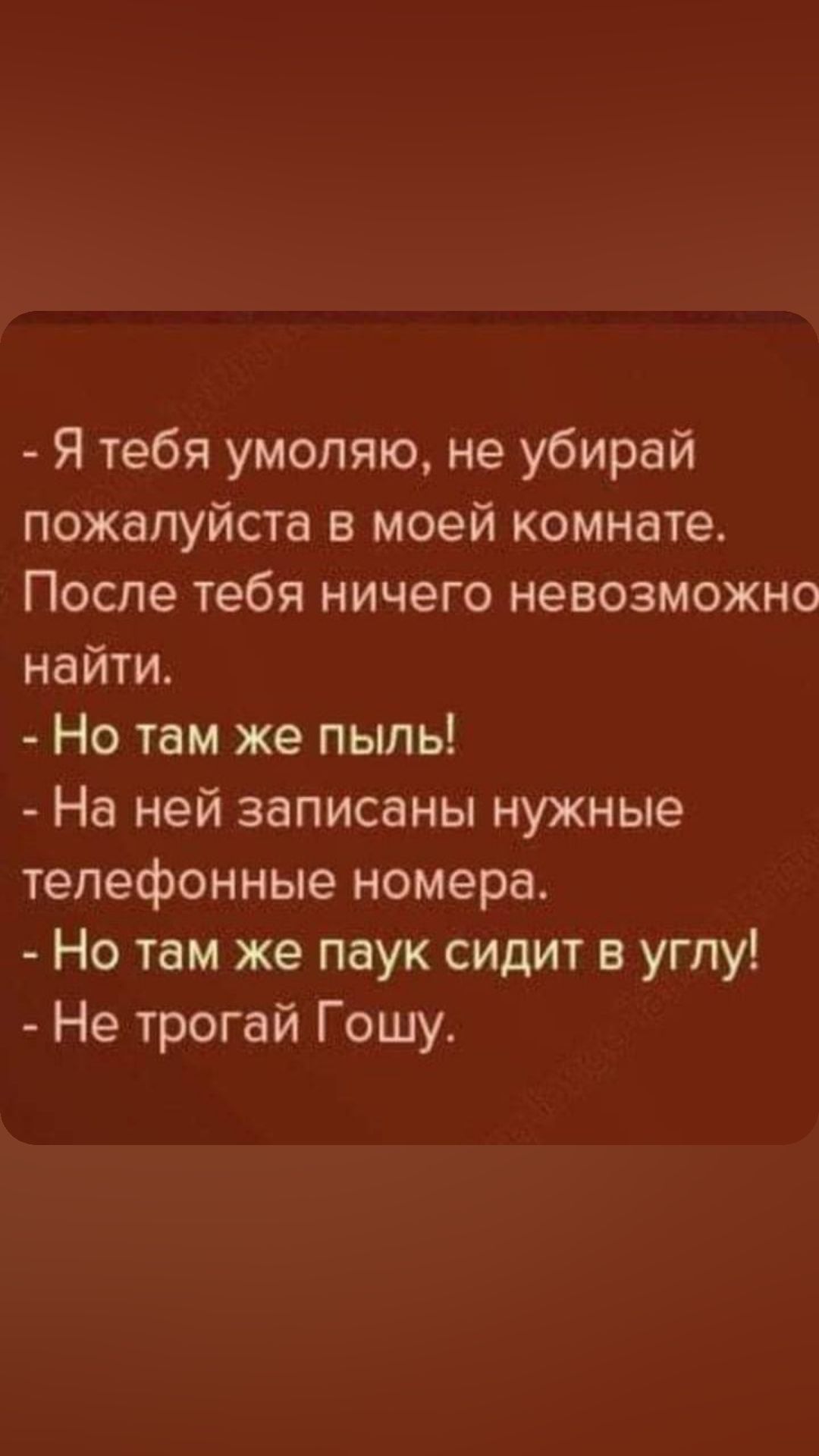 Я тебя умоляю не убирай пожалуйста в моей комнате После тебя ничего невозможно найти Но там же пыль На ней записаны нужные телефонные номера Но там же паук сидит в углу Не трогай Гошу