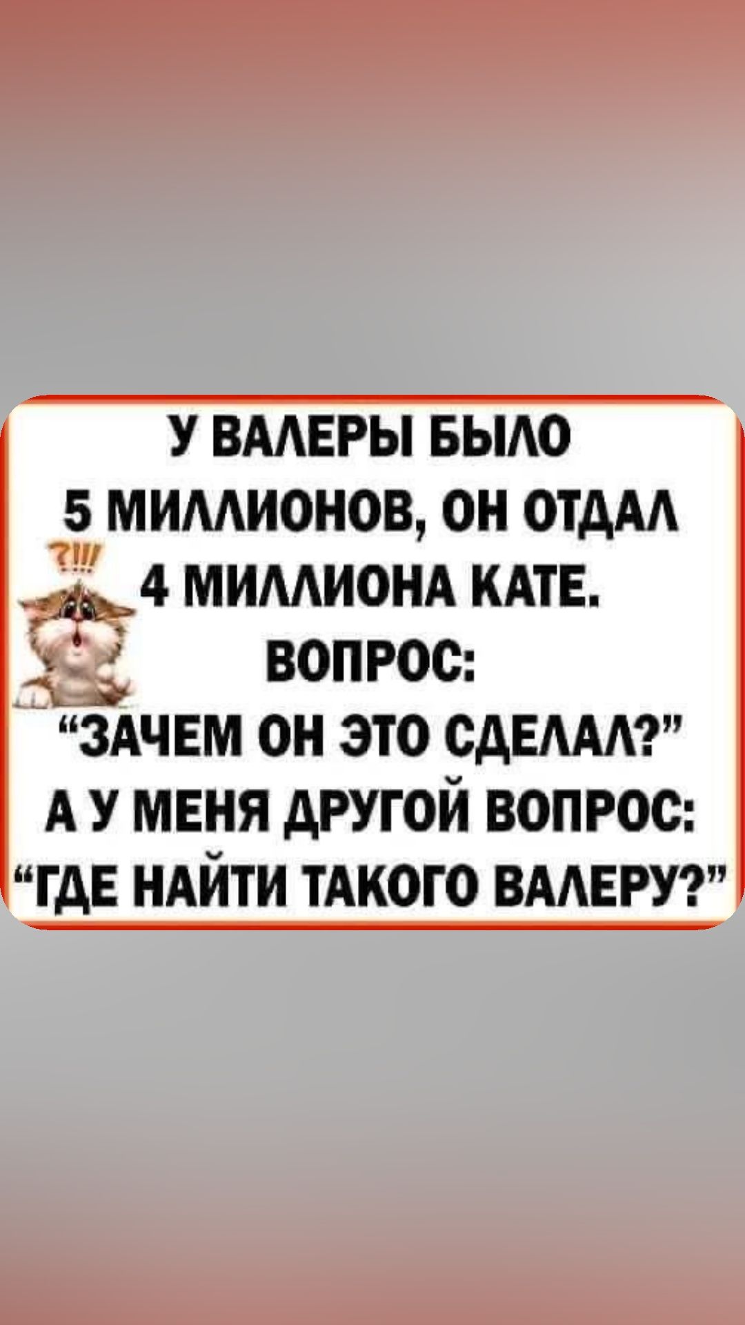 у вмвры выдо 5 мимионов он отдм _4 мимионд КАТЕ вопрос зАчвм он это сдам А У МЕНЯ другой вопрос ГДЕ ндйти тАкого ВААЕРУ