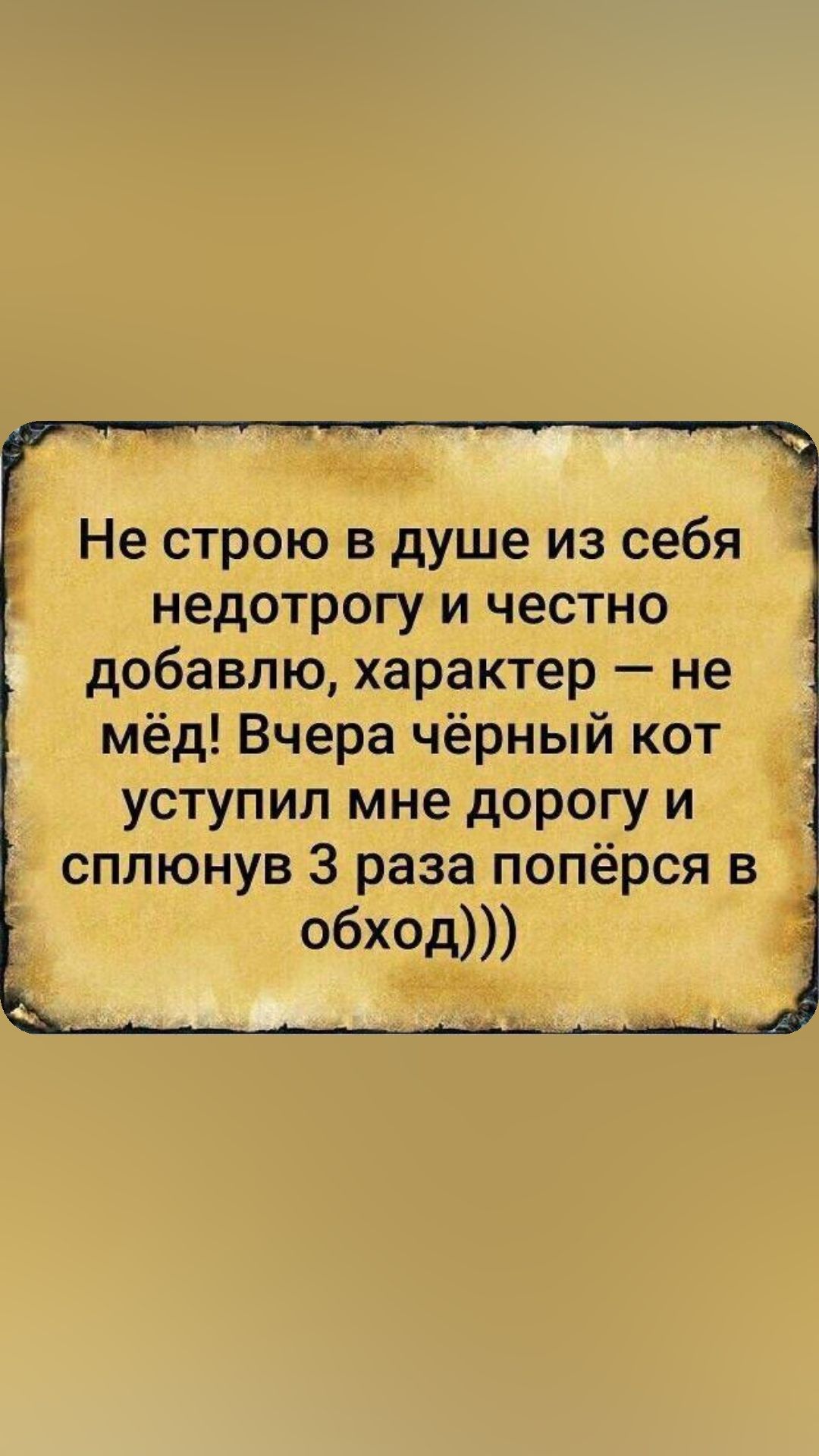 Не строю в душе из себя недотрогу и честно добавлю характер не мёд Вчера чёрный кот уступил мне дорогу и сплюнув 3 раза попёрся в _ обид