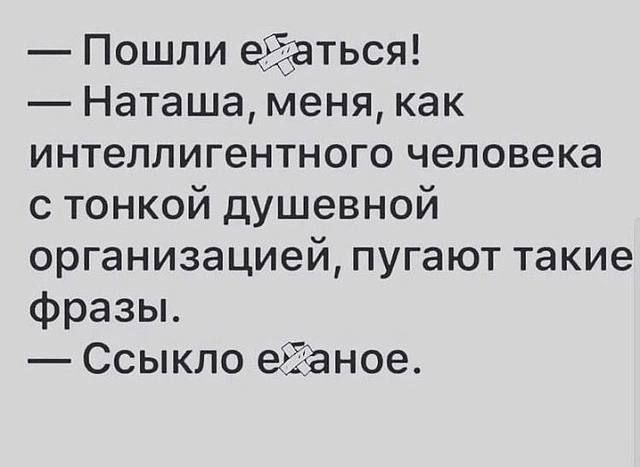 Пошли еёаться Наташа меня как интеллигентного человека с тонкой душевной организацией пугают такие фразы Ссыкло егЁаное