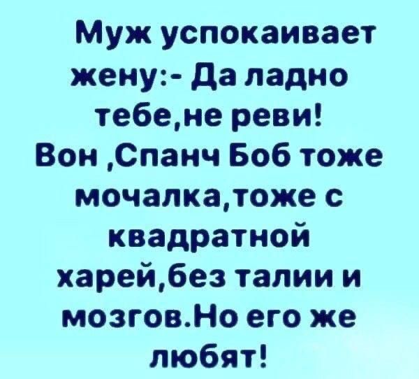 Муж успокаивает жену да ладно тебене реви Вон Спанч Боб тоже мочапкатоже с квадратной харей6ез талии и мозговНо его же любят