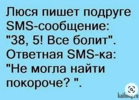 Люся пишет подруге 5М5 сообщение 38 5 Все болит Ответная 5М5 ка Не могла найти покороче Кайон й