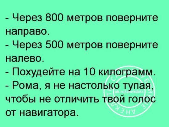 Через 800 метров поверните направо Через 500 метров поверните налево Похудейте на 10 килограмм Рома я не настолько тупая чтобы не отличить твой голос от навигатора