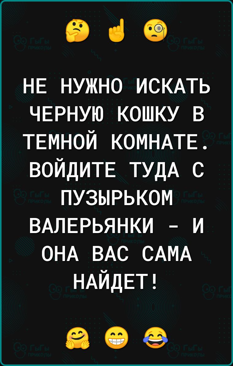 е в НЕ НУЖНО ИСКАТЬ ЧЕРНУЮ КОШКУ В ТЕМНОЙ КОМНАТЕ ВОЙДИТЕ ТУДА С ПУЗЫРЬКОМ ВАЛЕРЬЯНКИ И ОНА ВАС САМА НАЙДЕТ а е