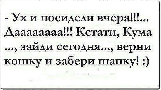 Ух и посидели вчера Даааааааа Кстати Кума зайди сегодня верни кошку и забери шапку