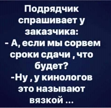 Подрядчик спрашивает у заказчика А если мы сорвем сроки сдачи что будет Ну у кинологов это называют вязкой