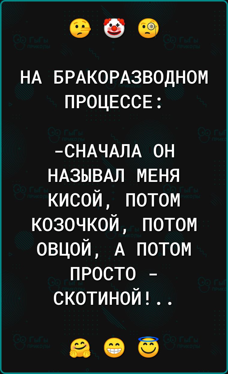 НА БРАКОРАЗВОДНОМ ПРОЦЕССЕ СНАЧАЛА ОН НАЗЫВАЛ МЕНЯ кисой ПоТоМ коЗОчКОй ПоТоМ ОВЦОЙ А ПОТОМ ПРОСТО СКОТИНОЙ