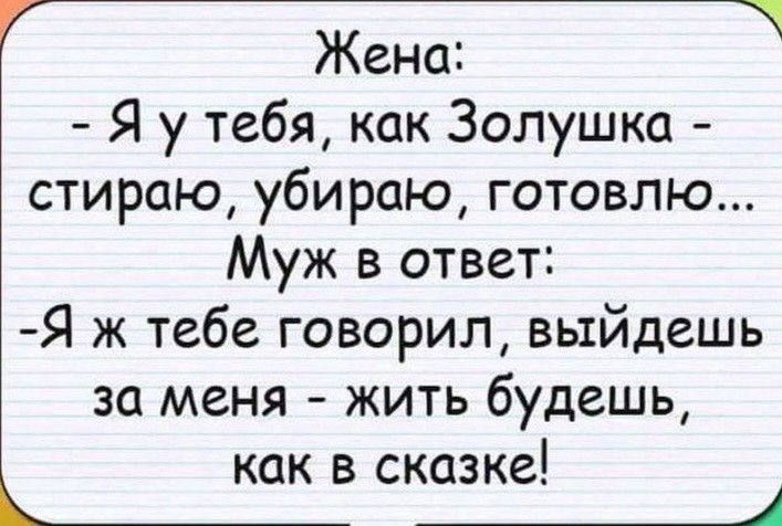 Жена яа Я у тебя как Золушка стираю убираю готовлю Муж в ответ Я ж тебе говорил выйдешь за меня жить будешь как в сказке е