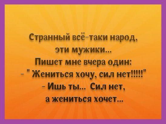 Странный всё таки народ эти мужики Пишет мне вчера один Жениться хочу сил нет Ишь ты Сил нет ажениться хочет