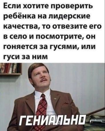 Если хотите проверить ребёнка на лидерские качества то отвезите его в село и посмотрите он гоняется за гусями или гуси за ним