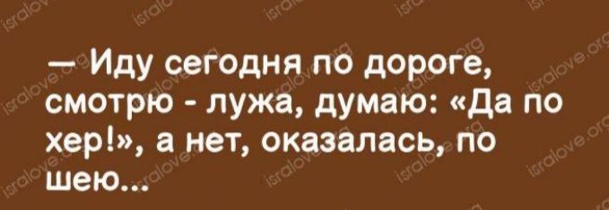 Иду сегодня по дороге смотрю лужа думаю Да по хер а нет оказалась по шею