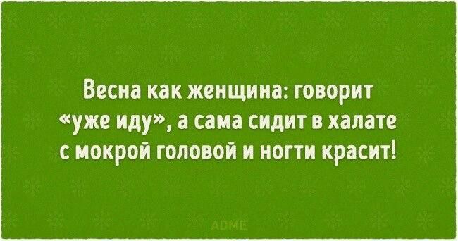 Весна как женщина говорит уже иду а сама сидит в халате с мокрой головой и ногти краситі