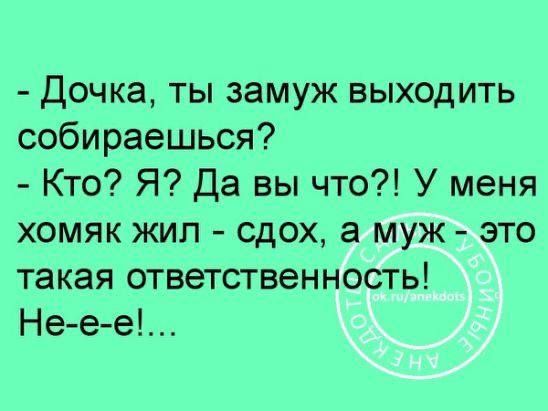 Дочка ты замуж выходить собираешься Кто Я Да вы что У меня хомяк жил сдох а муж это такая ответственность Не е е