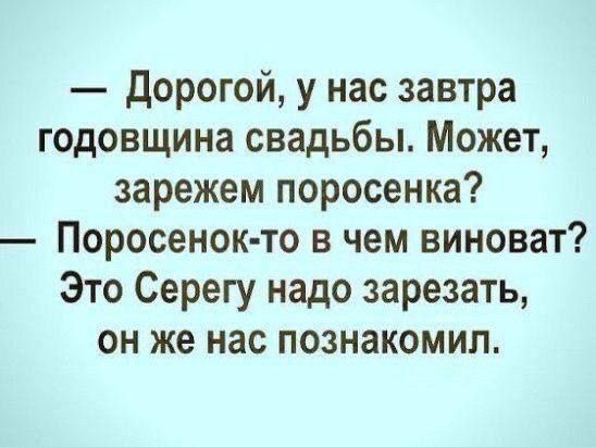 Дорогой у нас завтра годовщина свадьбы Может зарежем поросенка Поросенок то в чем виноват Это Серегу надо зарезать он же нас познакомил