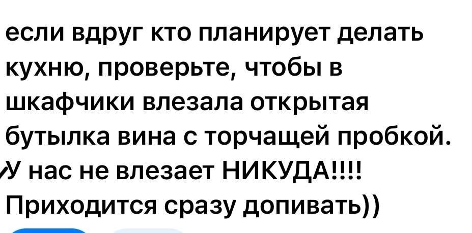 если вдруг кто планирует делать кухню проверьте чтобы в ШКЭФЧИКИ влезала открытая бутылка вина с торчащей пробкой У нас не влезает НИКУДА Приходится сразу допивать