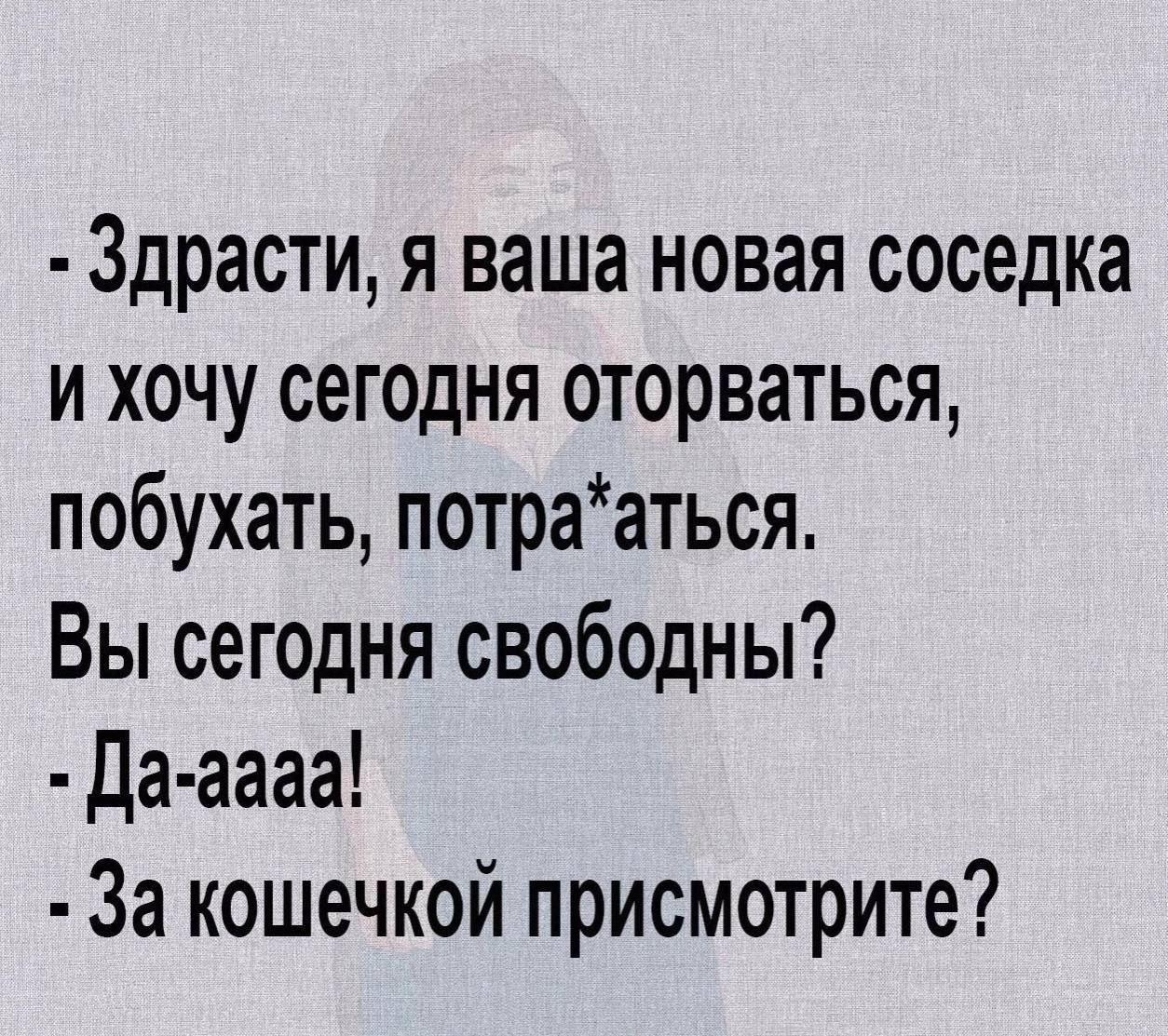 Здрасти я ваша новая соседка и хочу сегодня оторваться побухать потрааться Вы сегодня свободны Да аааа За кошечкой присмотрите