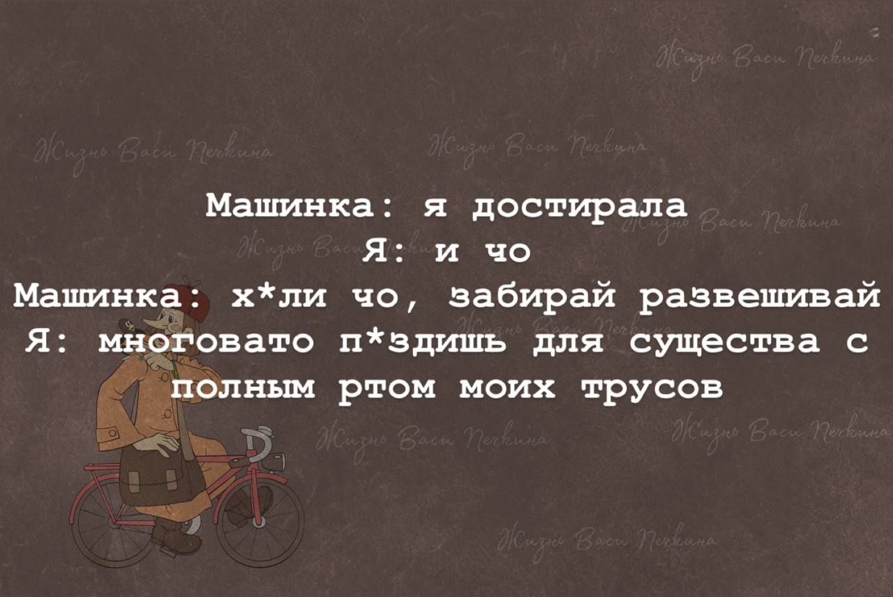 Машинка я достирала Я и чо Машинка хли чо забирай развешивай Я многовато пздишь для существа с полным ртом моих трусов